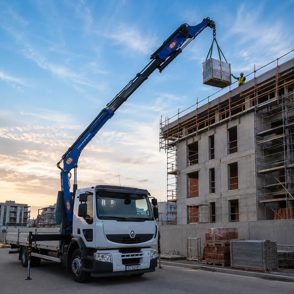 Camião grua em operação de elevação de carga - Transportes 2021